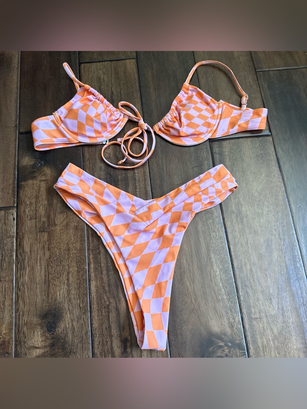 Checkerboard Orange & Lilac Two-Piece Bikini Set